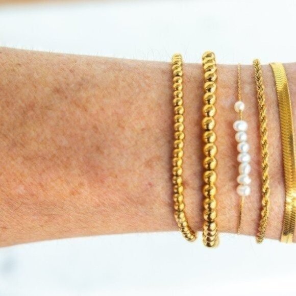 Set of 2! Waterproof Gold bead Bracelets Stretch Bracelets Non-Tarnish Gold - Picture 7 of 16